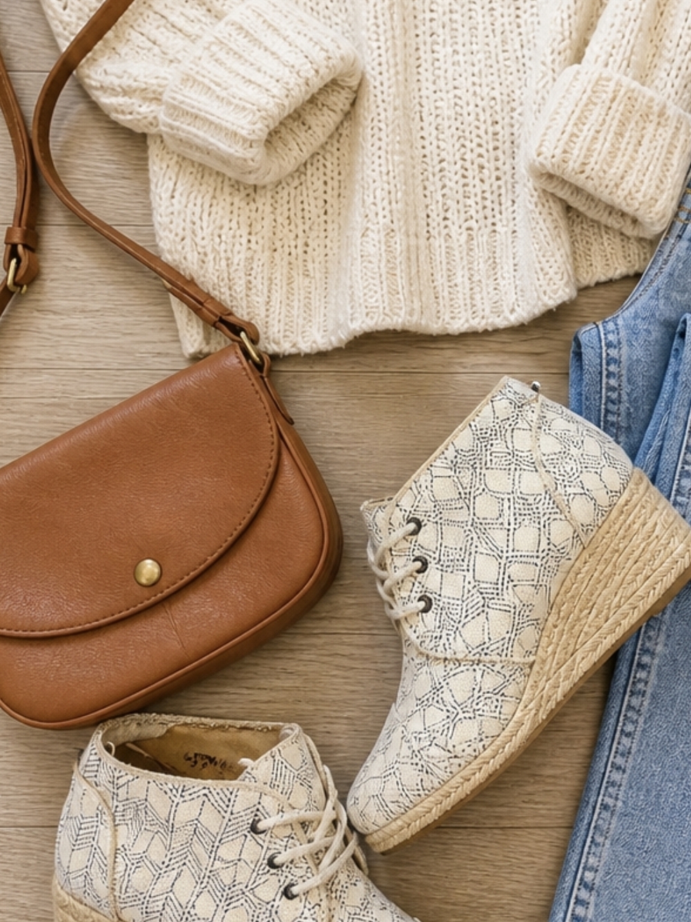 Toms Cream Woven Lace-Up Wedge Booties